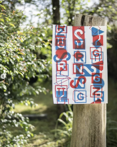 Poster typographique en rouge et bleu sur fond blancsuspendu dans un arbre