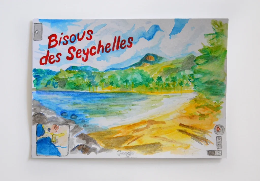 aquarelle représentant une carte postale avec un texte : bisous des Seychelles