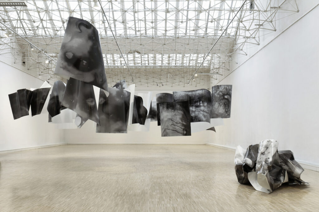 Installation de Michael Wittaseck, avec des photos suspendues.