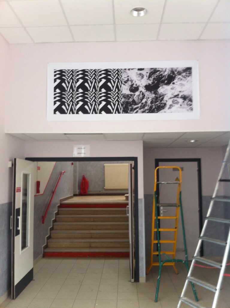 Montage de l'exposition : on installe une image avec une echelle